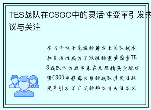 TES战队在CSGO中的灵活性变革引发热议与关注